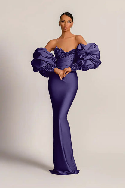 Purple Mermaid Prom Dress With Appliques Puff Sleeves