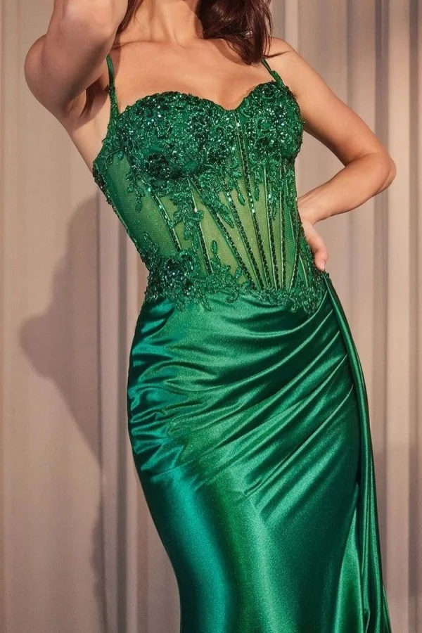 Elegant Spaghetti Straps Exquisite Embroidery Split Prom Dress With Side Trail