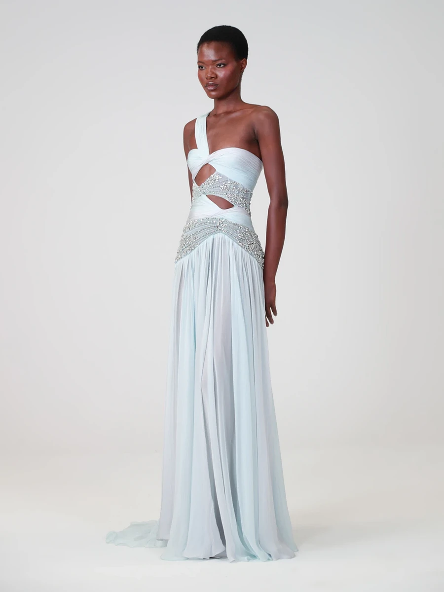 Charming Blue Sleeveless One Shoulder Long Evening Dress with Sequins