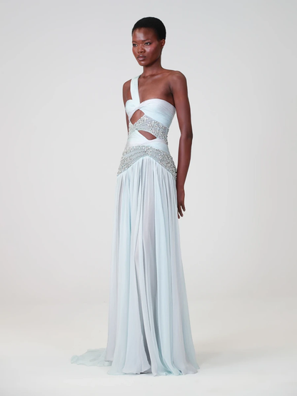 Charming Blue Sleeveless One Shoulder Long Evening Dress with Sequins