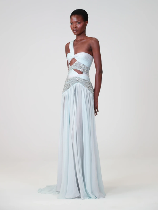 Charming Blue Sleeveless One Shoulder Long Evening Dress with Sequins