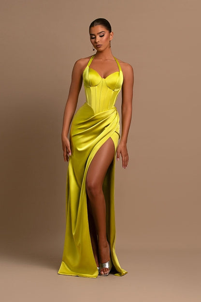 Fashionable Yellow Halter Neck Mermaid Prom Dress With Split