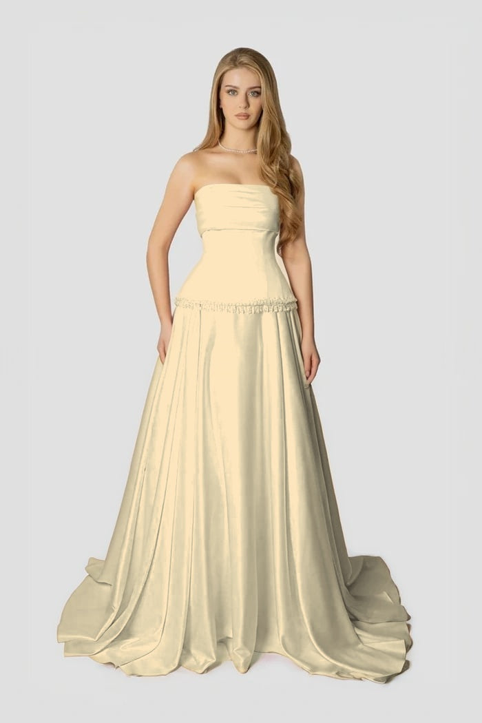Baby Pink Strapless Evening Dress A-Line Sleeveless in Satin With Beading