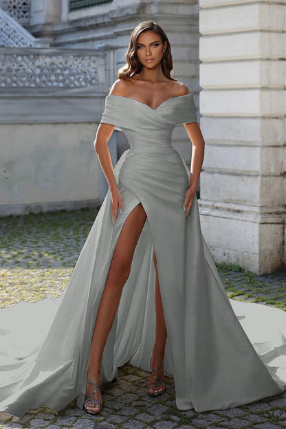 Charming White Satin Off the Shoulder Strapless Long Prom Dress with Split