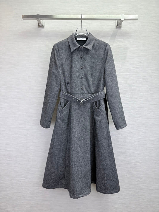 CD 25SS Long Dress With A Fabric Belt Gray Wool 306573
