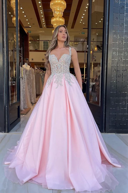 Pink Sleeveless Spaghetti Straps V-Neck A-Line Beads Prom Dress