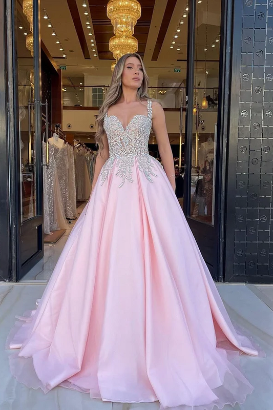 Pink Sleeveless Spaghetti Straps V-Neck A-Line Beads Prom Dress