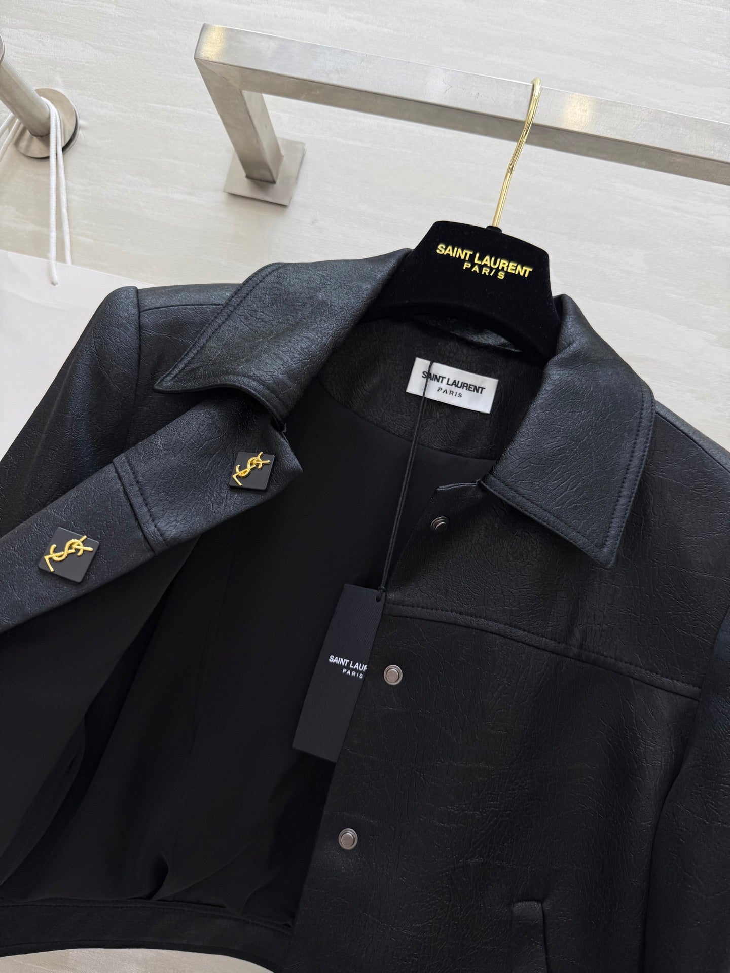 YSL 25 Short Jacket Black Acetic Acid Cracked Fabric