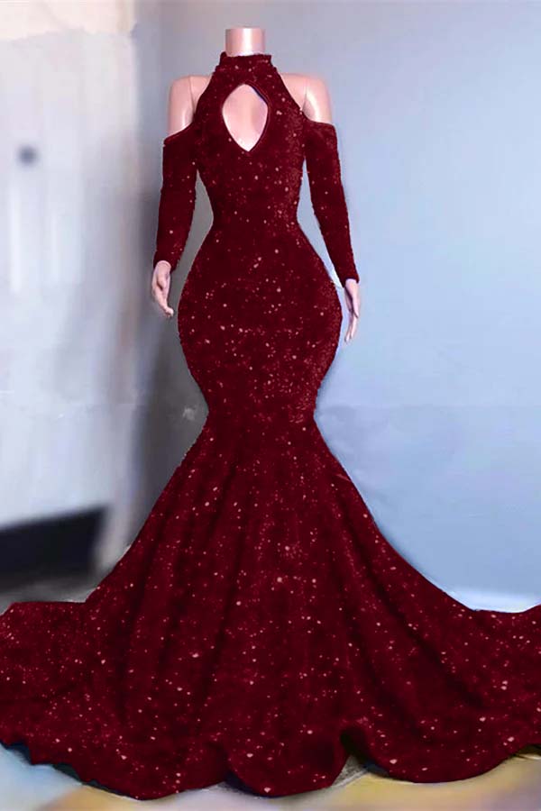 Long Sleeves Royal Blue High Collar Mermaid Long Prom Dress With Sequins