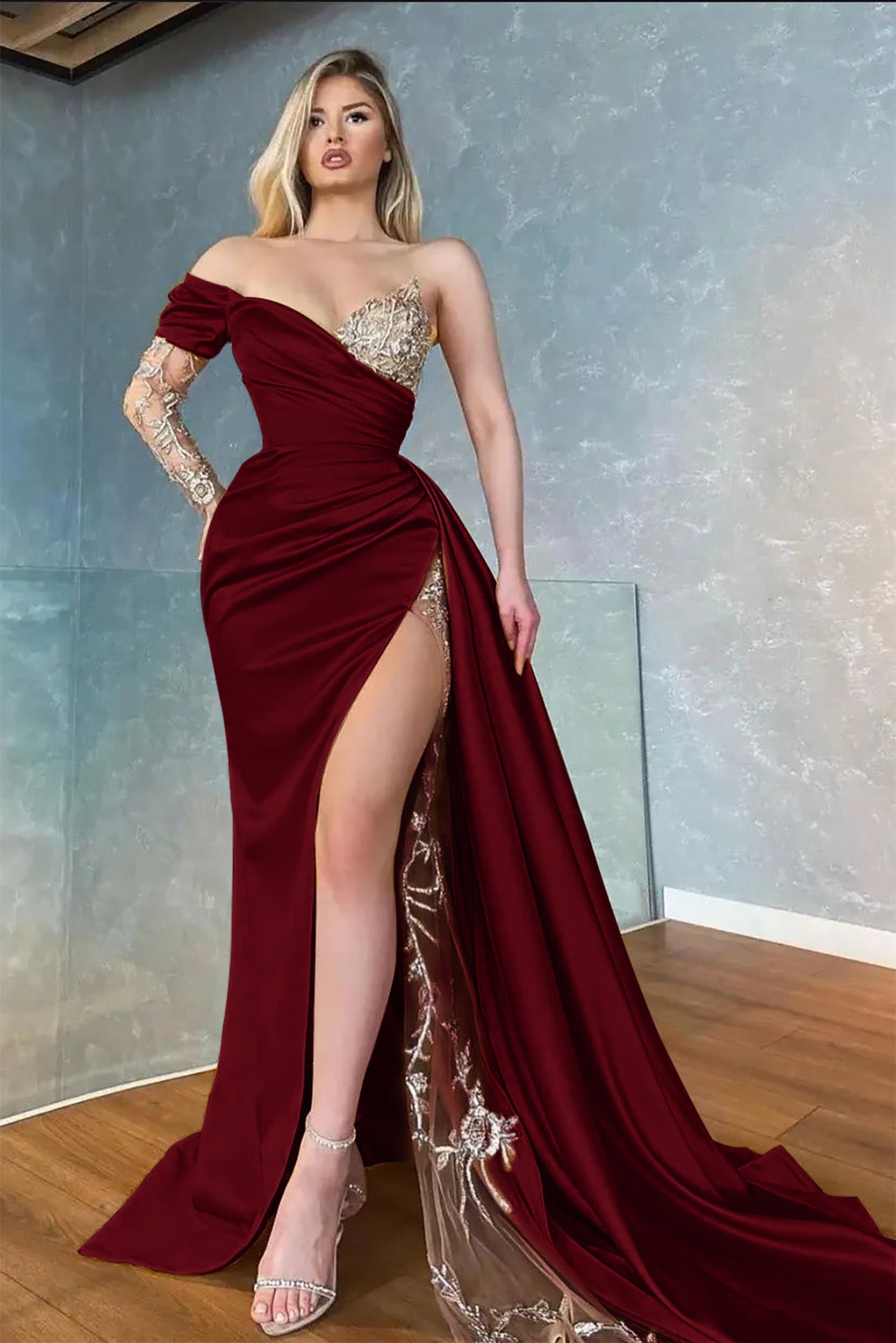 Split Mermaid Appliques Prom Dress Long With Ruffles Sweetheart Long Sleeve Yellow