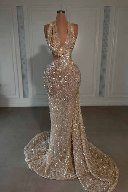 Sequins V-Neck Sleeveless Hatler Sexy Long Prom Dress