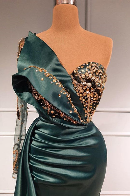 Dark Green Long Lace Sleeves Beads Mermaid Evening Dress With Appliques