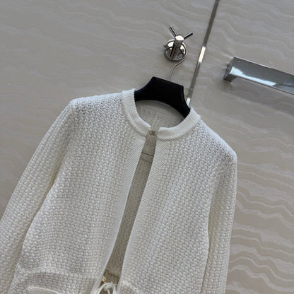 Chanel 26c Rhinestone Buckle Belt Cardigan White Wool 333715