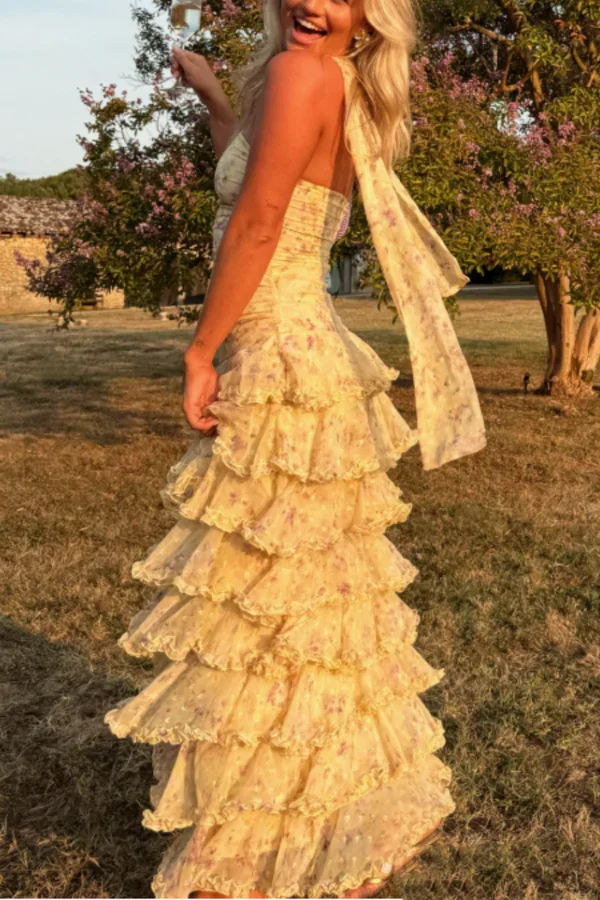 Glamorous Daffodil Sleeveless Strapless Long Evening Dress With Ruffles