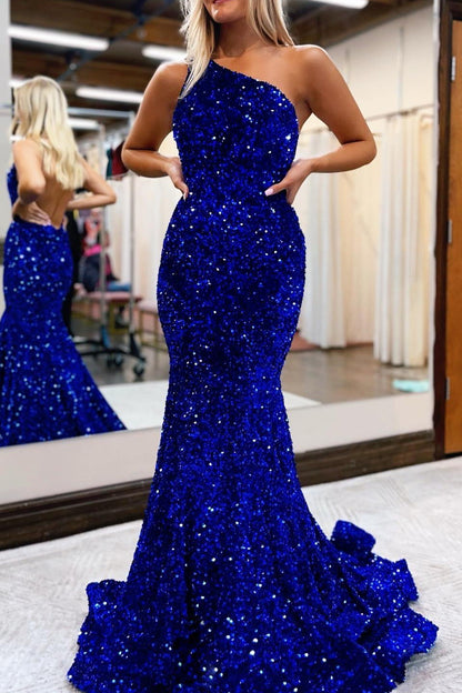 Royal Blue Mermaid One-Shoulder Prom Dress With Sequins