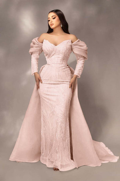 Glamorous Sequins Off the Shoulder Long Sleeves Mermaid Prom Dress with Pleated