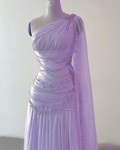 Elegant A Line One Shoulder Beaded Pink Chiffon Long Sweep Prom Dress Evening Dress SH2622