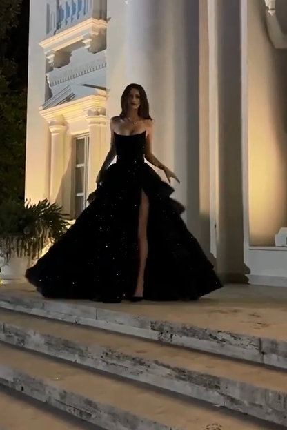 Stunning Black Sequins Sleeveless Strapless Split Long Prom Dress with Ruffles