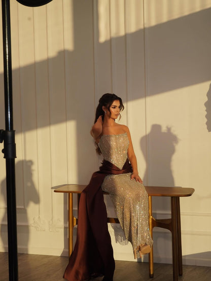 Sleeveless Strapless Square Mermaid Long Prom Dress With Sequins