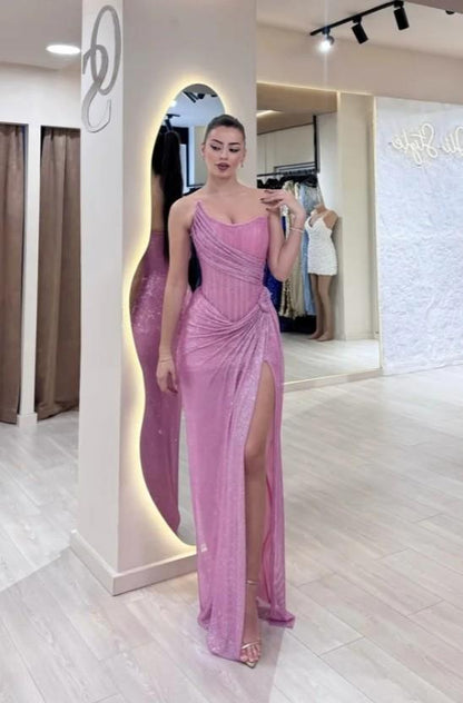 Stunning Purple Strapless Sequins Pleated Sleeveless Prom Dress with Split