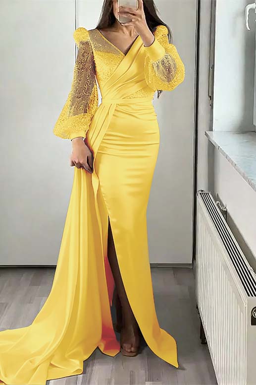 V-Neck Long Sleeves Sequins Mermaid Split Evening Dress With Ruffle