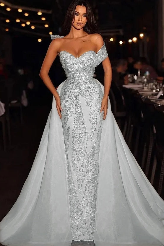 Baby Blue Embroidery Sleeveless Strapless One-Shoulder Mermaid Beads Prom Dress