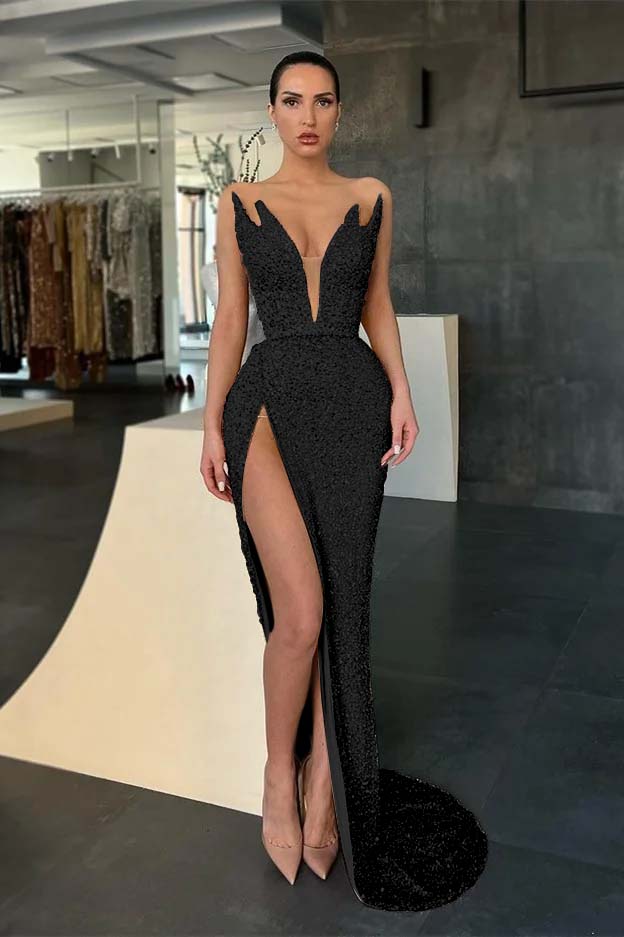 Sleeveless V-Neck Evening Dress Sequins Mermaid With Slit