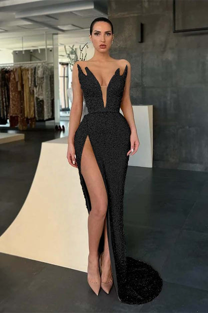Sleeveless V-Neck Evening Dress Sequins Mermaid With Slit