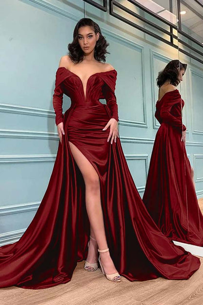 Long Sleeves Burgundy Evening Dress Mermaid