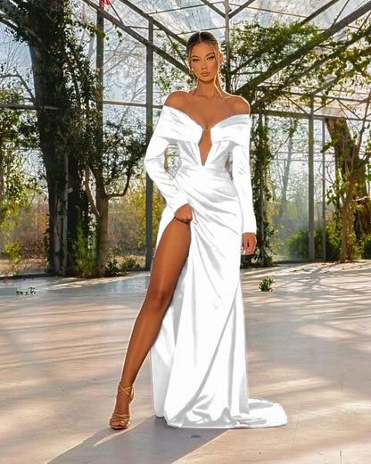 Royal Blue Long Sleeve Strapless Slit Prom Dress