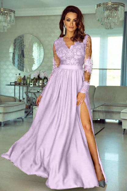 V-Neck Long Sleeve Lace Prom Dress With Slit