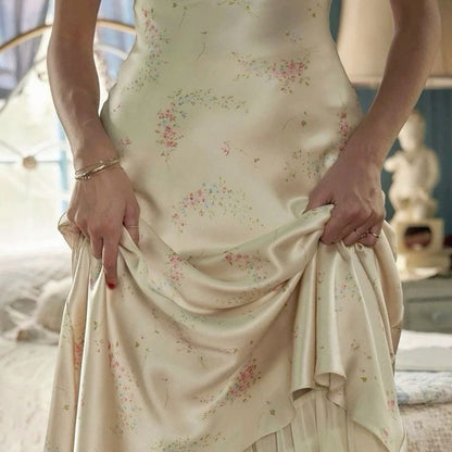 Cute A Line Spaghetti Strap Print Flower Satin Prom Dress Graduation Prom Dress SH2494