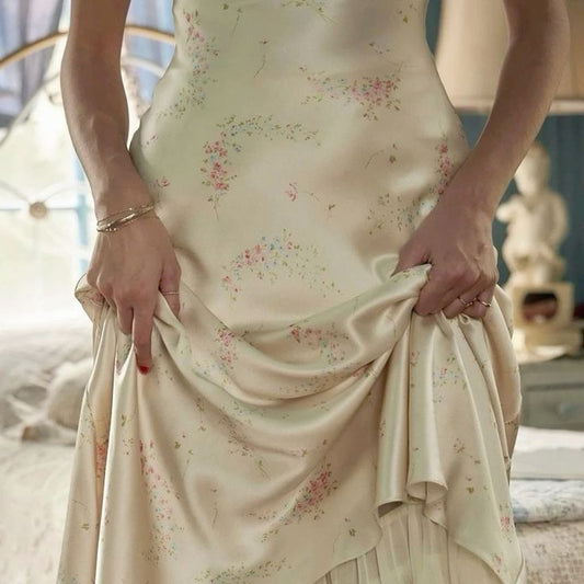 Cute A Line Spaghetti Strap Print Flower Satin Prom Dress Graduation Prom Dress SH2494