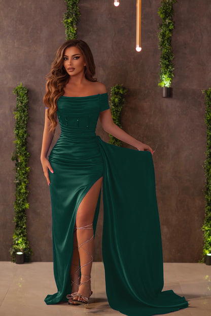 Royal Blue Off-the-Shoulder Slit Evening Dress With Ruffles