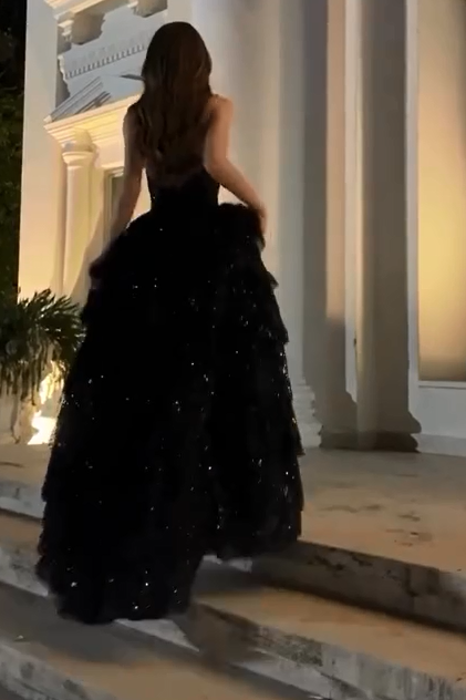 Stunning Black Sequins Sleeveless Strapless Split Long Prom Dress with Ruffles