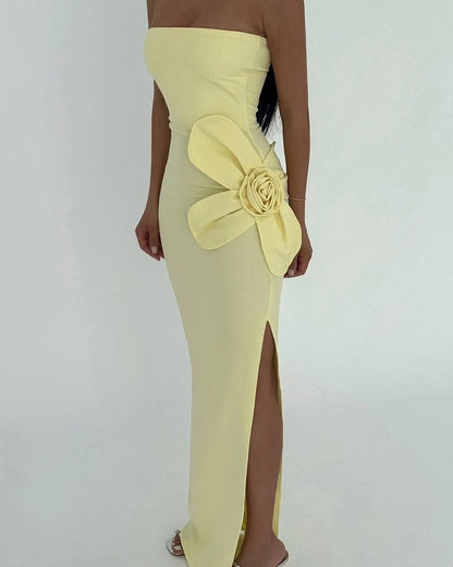 Charming Daffodil Strapless Sleeveless Floral Applique Prom Dress with Split