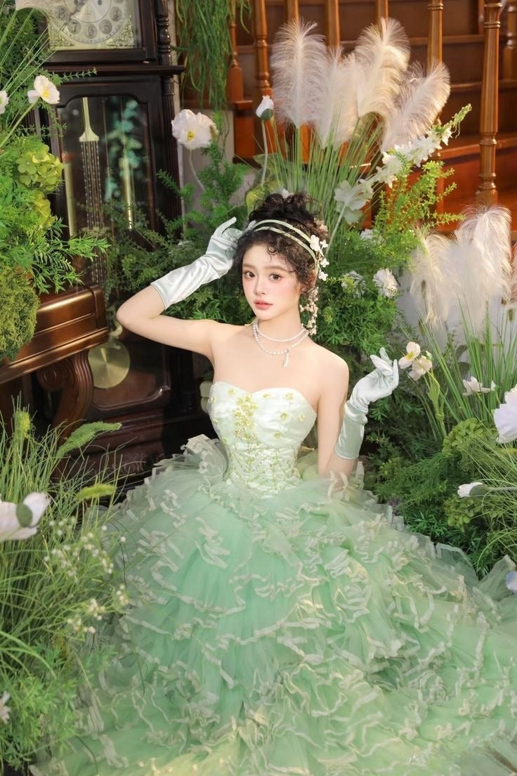 Princess A Line Sweetheart Neck Beaded Green Tiered Tulle Long Party Dress Evening Dress SH2859