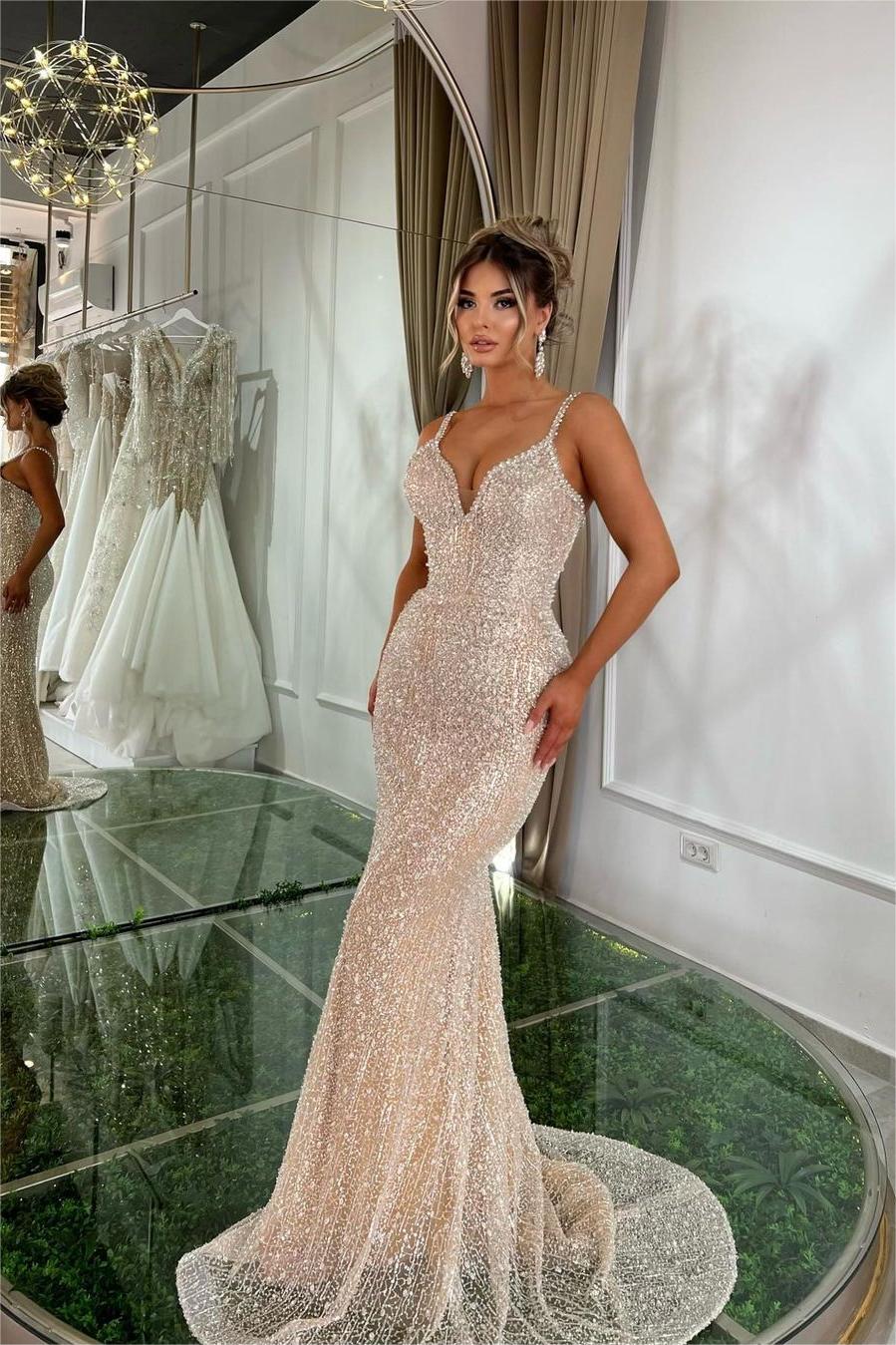 Gorgeous Champaign Gold Spaghetti Strap Sleeveless Mermaid Long Prom Dress with Beadings