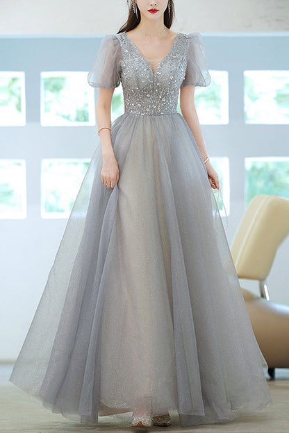 Grey V-Neck Long Evening Dress With Short Sleeves Sequins Elegant
