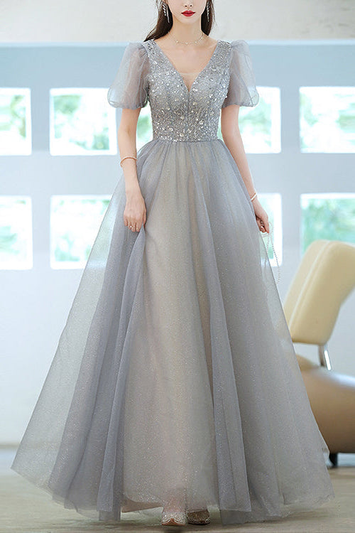 Grey V-Neck Long Evening Dress With Short Sleeves Sequins Elegant