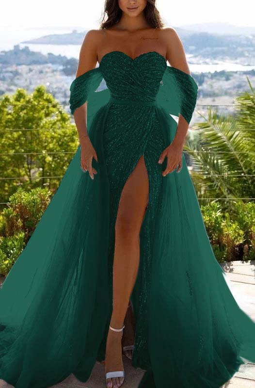 Off-the-Shoulder Sequins Sky Blue Prom Dress With Slit