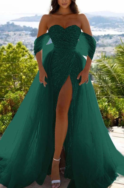 Off-the-Shoulder Sequins Sky Blue Prom Dress With Slit