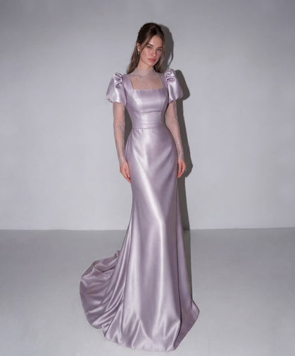Elegant Short Sleeves Square Mermaid Long Evening Dress With Lace