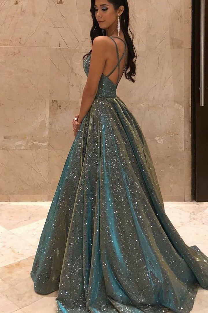 Shinning Spaghetti-Straps V-Neck Sequins Long Sleeveless  Prom Dress