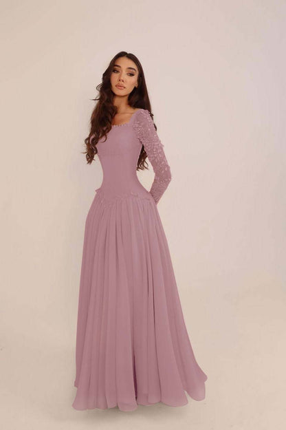 Glamorous Candy Pink Chiffon Long Sleeves Long Evening Dress With Sequins