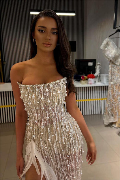 Stunning White Beadings Sleeveless Strapless Long Split Prom Dress with Feather