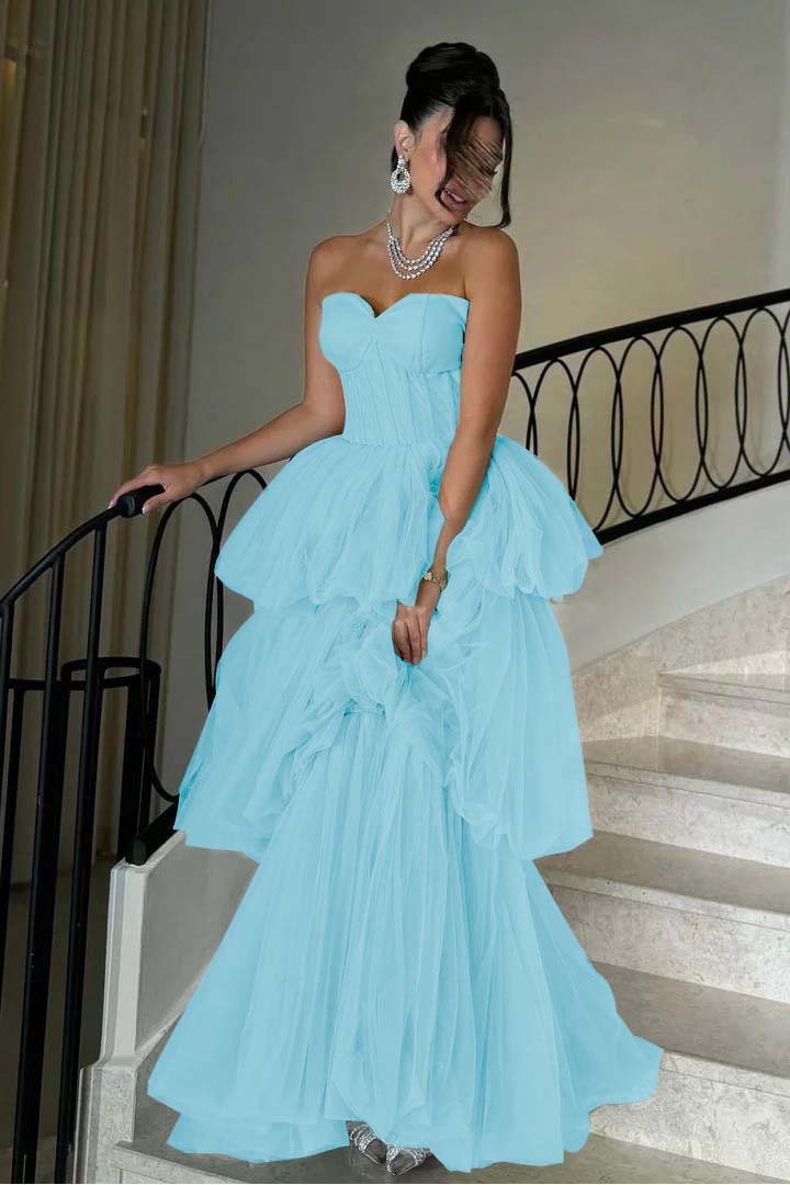 Sleeveless Sweetheart Strapless A Line Long Prom Dress With Tulle