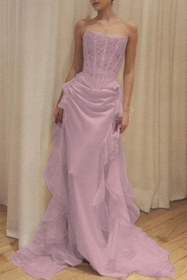 Elegant Ivory Strapless Evening Dress Sleeveless Lace with Train