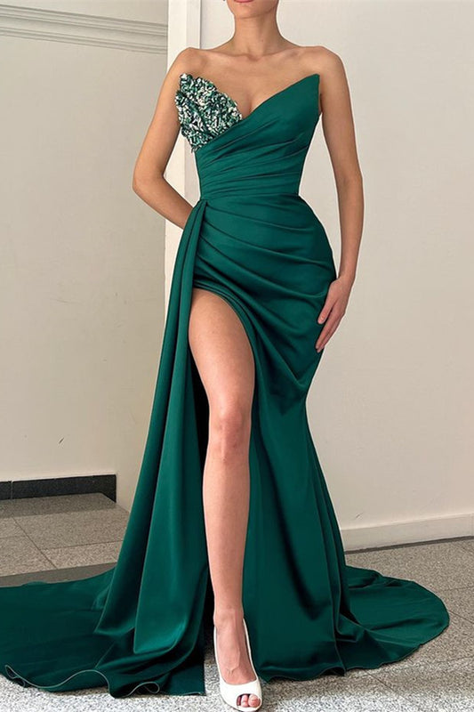 Classic Emerald Green V Neck Mermaid Prom Dress With Long Slit