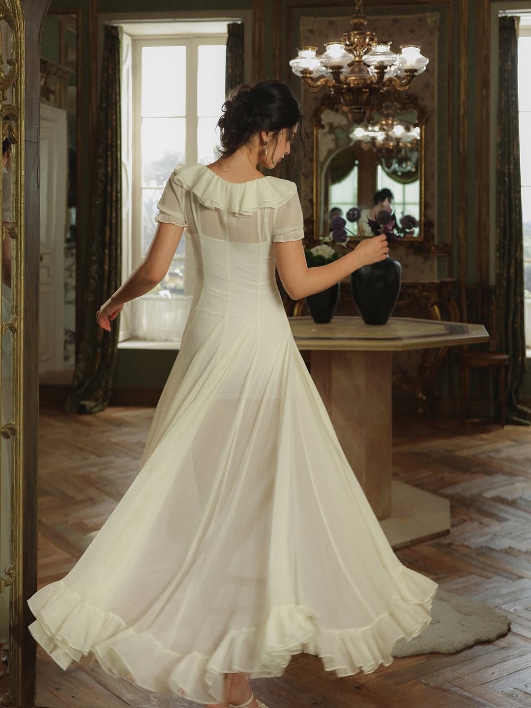 Cream Vintage Ruffle Sheer Chiffon Maxi Prom Dress With Slit